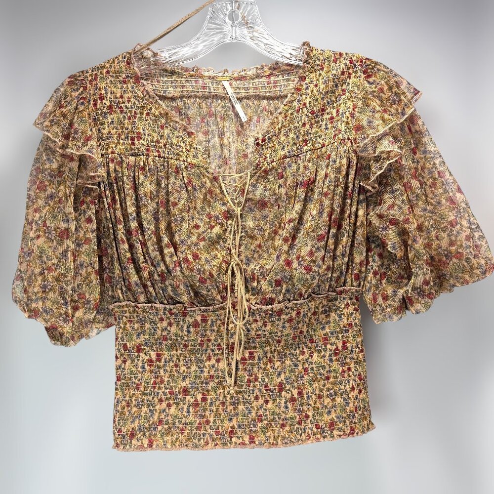 Free People Boho Floral Smocked Peasant Blouse Top Size Small